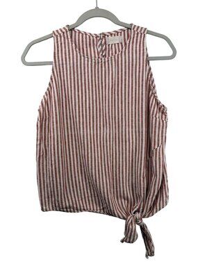 Altar'd State Women Top Sz L Red Striped LinenBlend TieKnot Waist Beachy Coastal